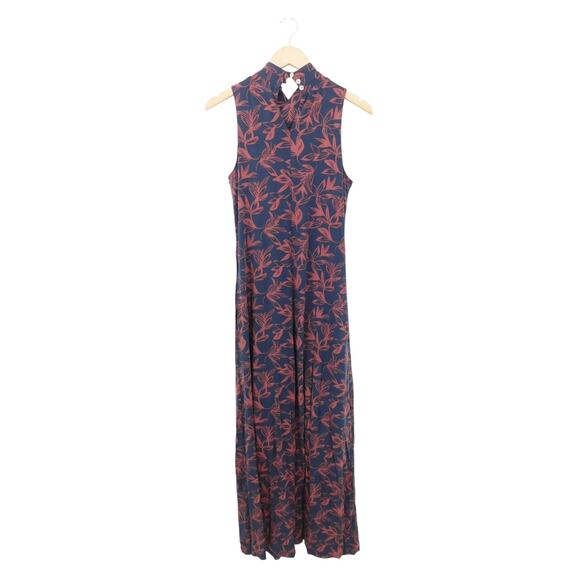 Garnett Hill Women's Red Navy Floral Mock-Neck Jersey Knit Maxi Dress Size Small - Picture 2 of 5